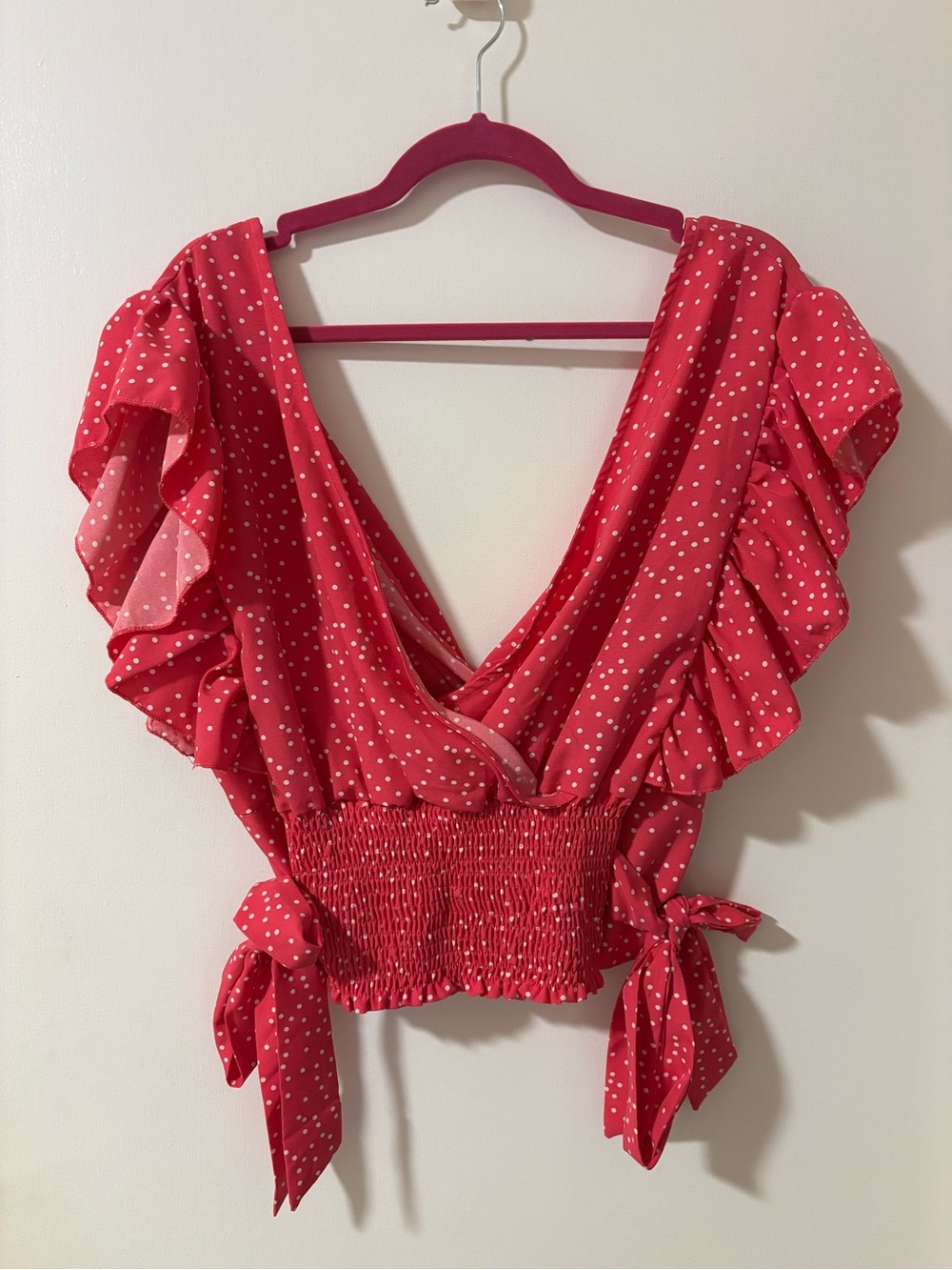Shein Curve Pink Polka Dot V-Neck Flutter Sleeve Top